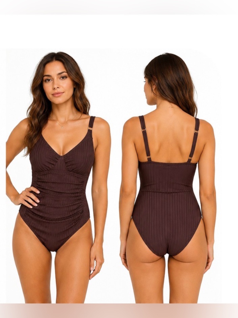 ELLEN TRACY NEW RIBBED ONE
PIECE SWIMSUIT S brown summer vacation resort beach